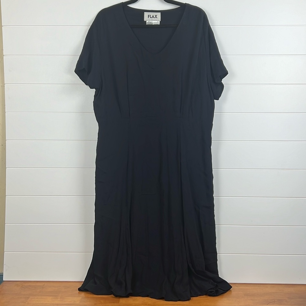 Flax lagenlook comfy flowy vneck dress size L black rayon pockets mid length